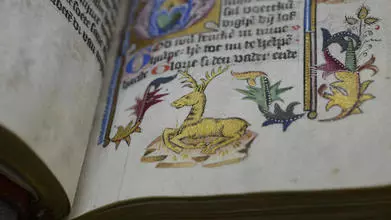 An open parchment manuscript, showing decorative margin with image of a stag.