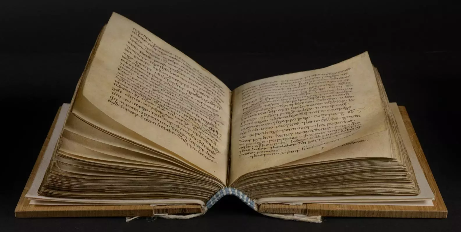 An open parchment manuscript, showing the new wooden boards and newly sewn blue and white endband.